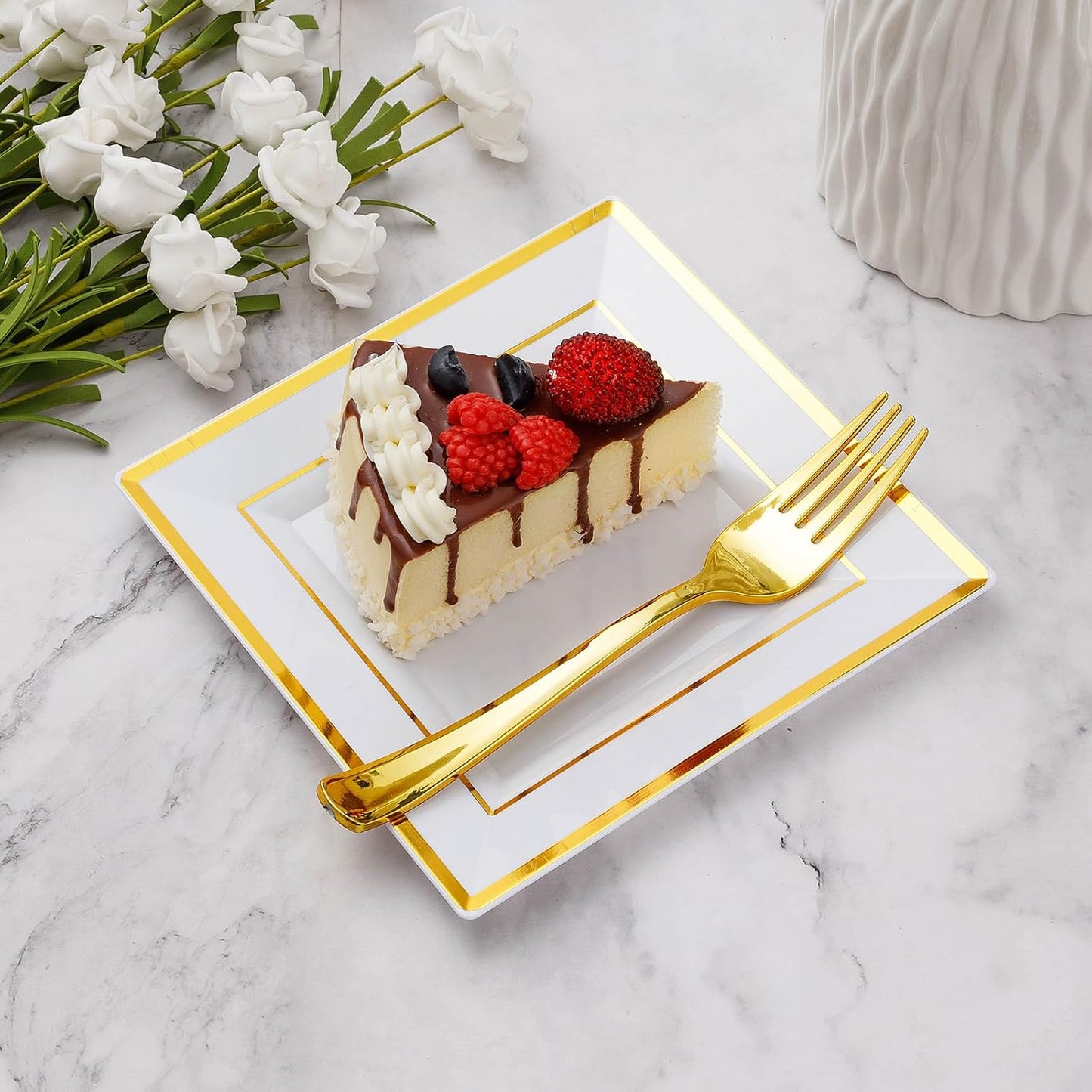 Goodluck 240PCS 6.5" Square Gold Dessert Plastic Plates with 7.4" Forks, Gold Appetizer Plates for 120 Guests, Including 120 Disposable Cake Plastic Plates and 120 Forks for Wedding/Birthday Party
