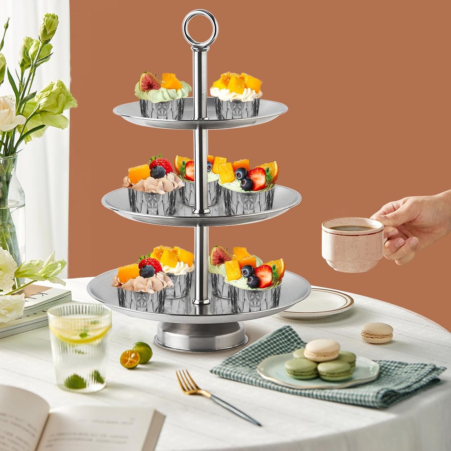 3 Tier Silver Metal Cupcake Stand Holder,Stainless Steel Cup Cake Stand Tower with Tiered Serving Tray and Base for Parties,Weddings,Birthdays and Any Festivals and Celebrations(with Base)