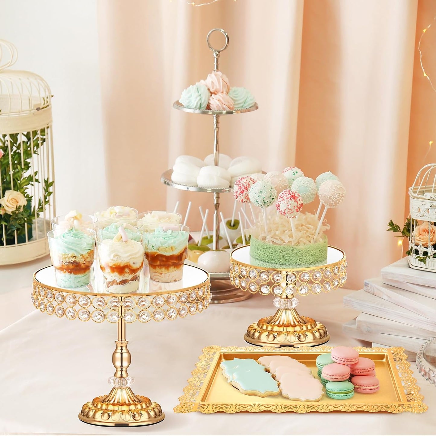 12 Pieces Gold Cake Stand Set, Vintage Cake Display Stand with Crystal Edge and Cupcake Display Tray, Dessert Table Display Set for Wedding Party Baby Shower Anniversary Celebration