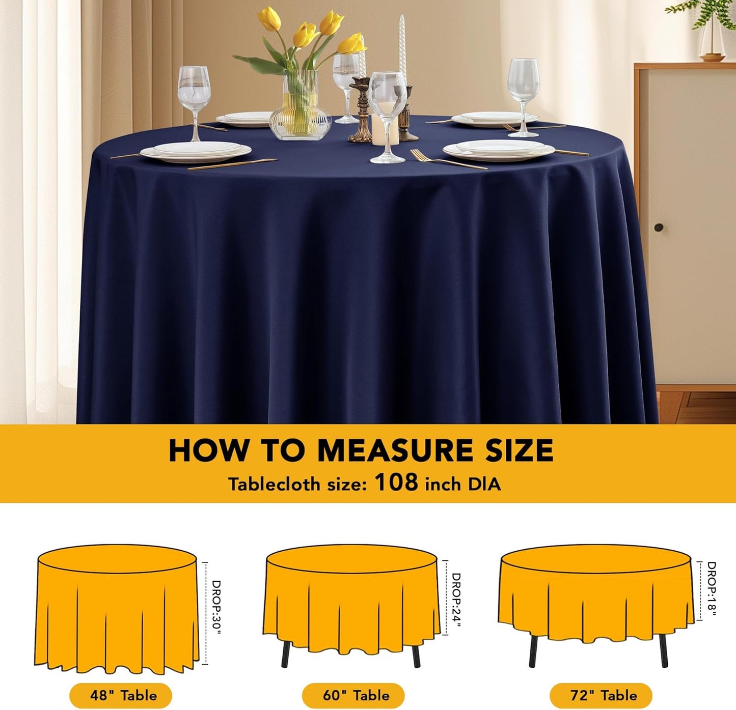 10-Pack Navy Blue Round Tablecloths, 108 Inches, Stain-Resistant Polyester for 4-5 Ft Round Tables - Washable Table Covers for Weddings, Banquets, Birthday Parties, Events