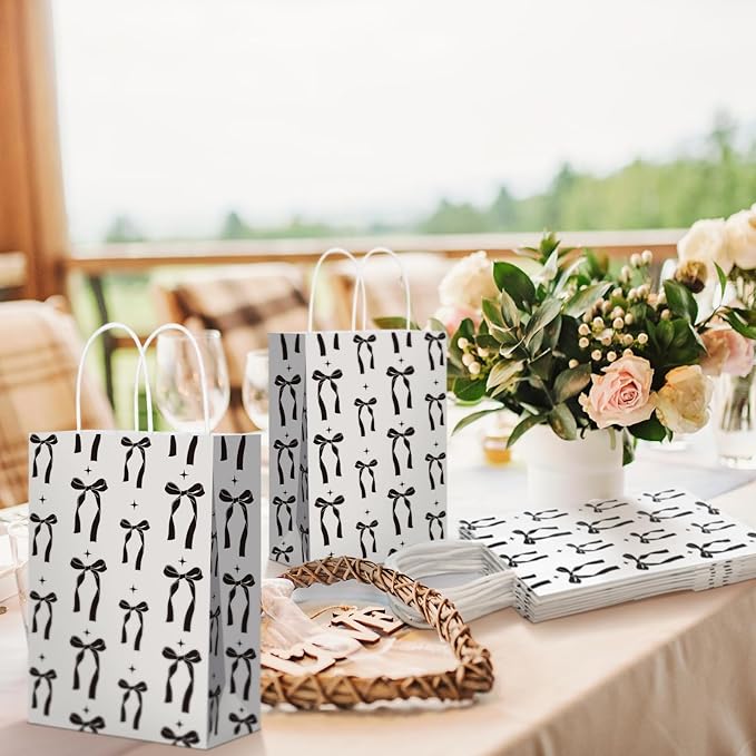Kolldenn 16 Pcs Coquette Black Bow Paper Gift Bags Women Mother's Day Birthday Favor Goodie Candy Bags with Handles for Bridal Engagement Baby Shower Party Supplies