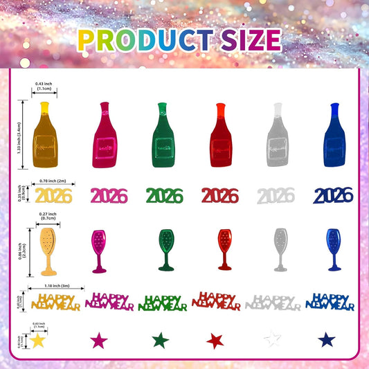 Happy New Year 2026 Confetti, Multicolor Star Wine Bottle Sprinkles Table Scatter Confetti for New Years Eve Decorations