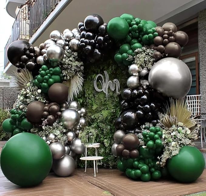 Black Green Balloon Arch Double Stuffed Latex Dark Green Brown Silver Balloon Garland for Camo Birthday New Year Hunting Jungle Boy Baby Shower Anniversary Prom Praty Decor
