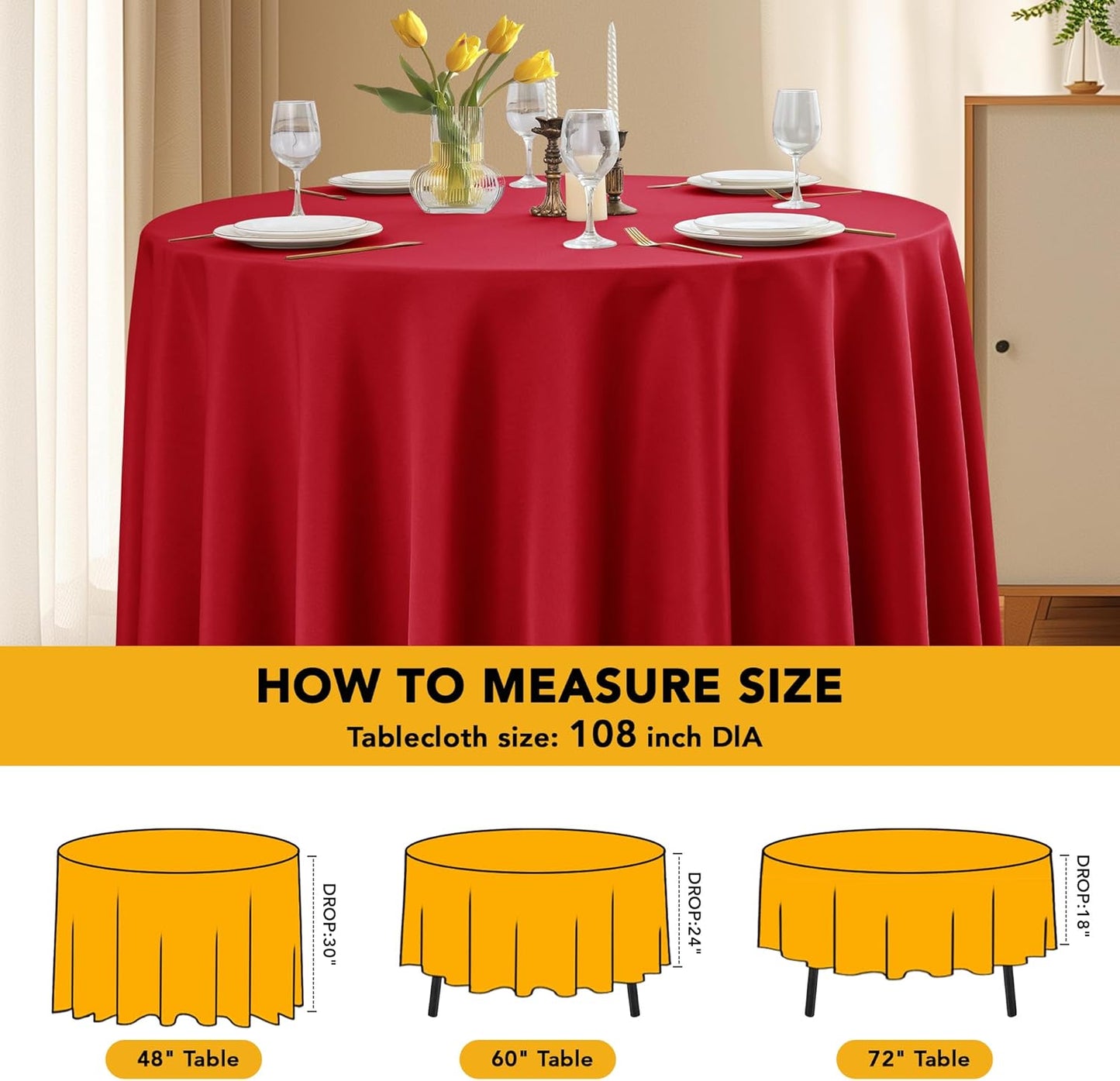 10-Pack Red Round Tablecloths, 108 Inches, Stain-Resistant Polyester for 4-5 Ft Round Tables - Washable Table Covers for Weddings, Banquets, Birthday Parties, Events