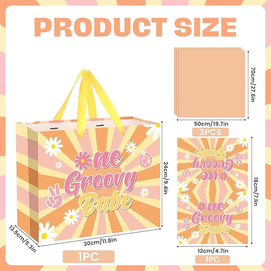 Groovy One Boho 1st Birthday Gift Bag for Girls with Card Tissue Paper, Daisy Flower Hippie First Birthday Wrapping Paper for Retro Baby Shower Party Gift Wrap Christmas Decorations Supplies