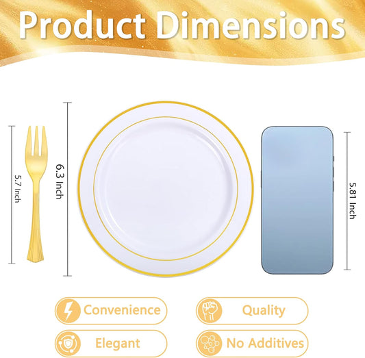 WELLIFE 60 PCS Gold Plastic Dessert Plates and 60 PCS Forks, 6.3 inch Disposable Salad Plates, Premium White Appetizer Plates with Gold Rims, Perfect for Party