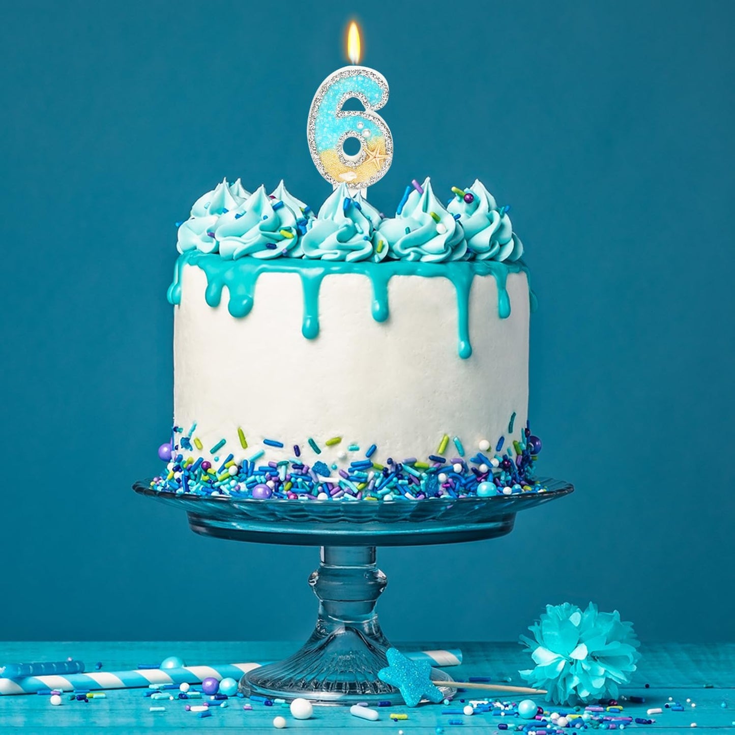 6th Birthday Candle for Cake, Beach Starfish Sequins Candles, 2.76 inch Cake Topper Decoration for Birthday Party (Number 6)