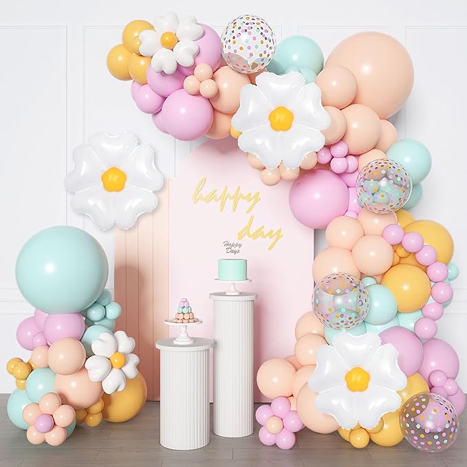 168Pcs Daisy Balloon Arch Garland Kit, Pastel Blue Orange Yellow Purple Confetti Daisy Wild Flower Balloons for Mothers Day Boho Two Groovy One Birthday Floral Girl Baby Shower Spring Party Decoration