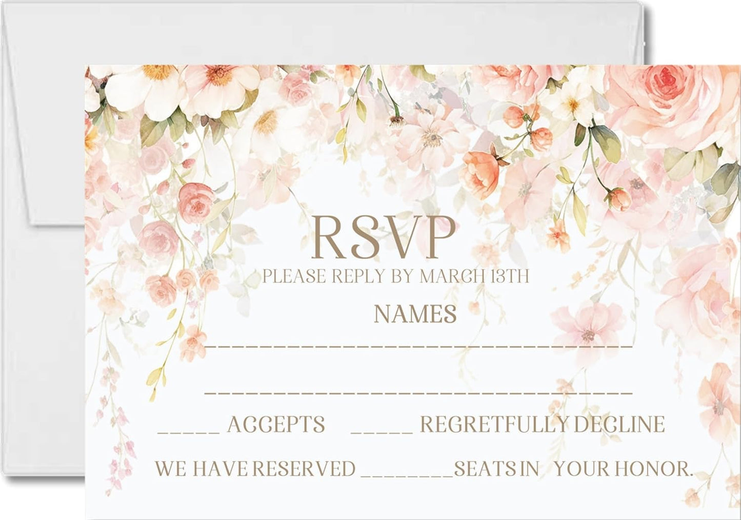 Peach & Blush Wildflower Wedding Invitations, Pastel Garden, Personalized, Set of 12 Invitations with Envelopes