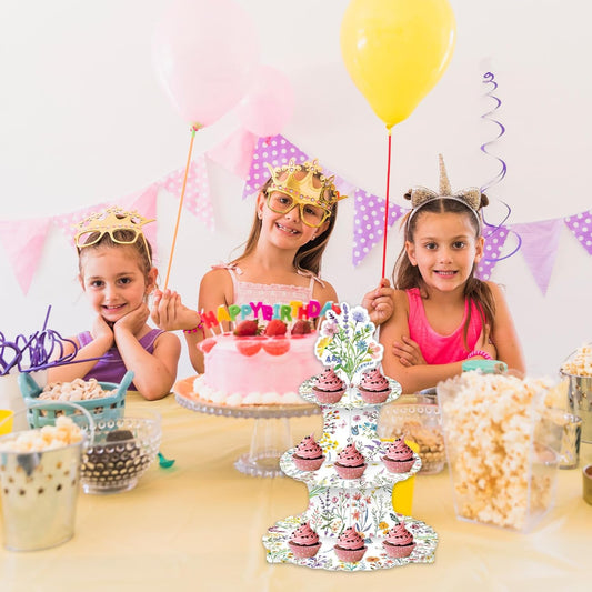 Wildflower Cupcake Stand, Cake Stand Wildflower Party Decorations 3 Tier Flower Cupcake Holder, Flower Birthday Decorations Dessert Table Display Set Wedding Cake Stands