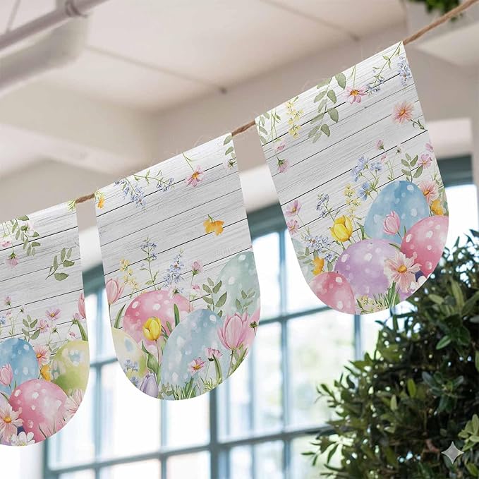 Easter Eggs Banner 3Pcs Indoor Outdoor Hanging Banner Flag Spring Daisy Eucalyptus Leaves Gray Wooden Sign for Fireplace Mantel Decorative Bunting Garland Valance for Shop Door Mantle Decor 7.9"x11.8"
