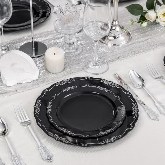 DaYammi 60PCS Black and Silver Plastic Plates, Heavy Duty Black and Silver Disposable Plates Premium 10inch Dinner Plates Hard Plastic Plates Disposable for Halloween Party and Wedding