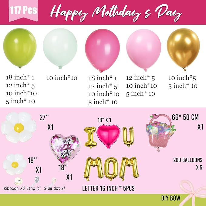 Mothers day Balloon Garland Kit with Pink and Green Foil Heart Letters Floral Basket Daisy Balloons for Indoor Outdoor Premium Rustic Elegant Party Decorations Party Supplies (Green Pink)