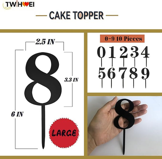 Big 6 IN 0-9 Black Birthday Number Cake Toppers Large Acrylic Happy Anniversary Cake Topper Sticks For Diy Handmade Cake Sign Decorations 10 Pcs Cupcake Topper Party Supplies Black Set