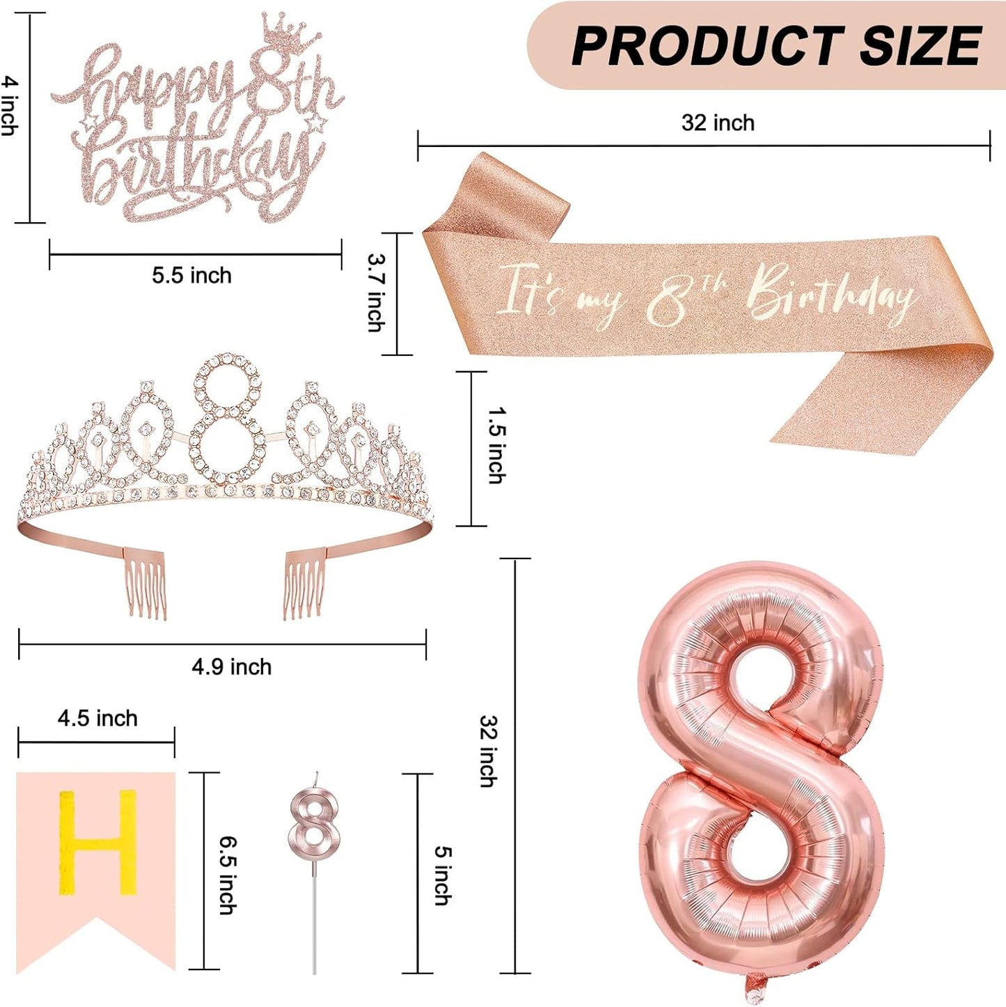 8th Birthday Decorations for Girls, Including 8th Tiara and Sash, Happy Birthday Banner, Cake Toppers, Number Candles and Balloons Set, Rose Gold