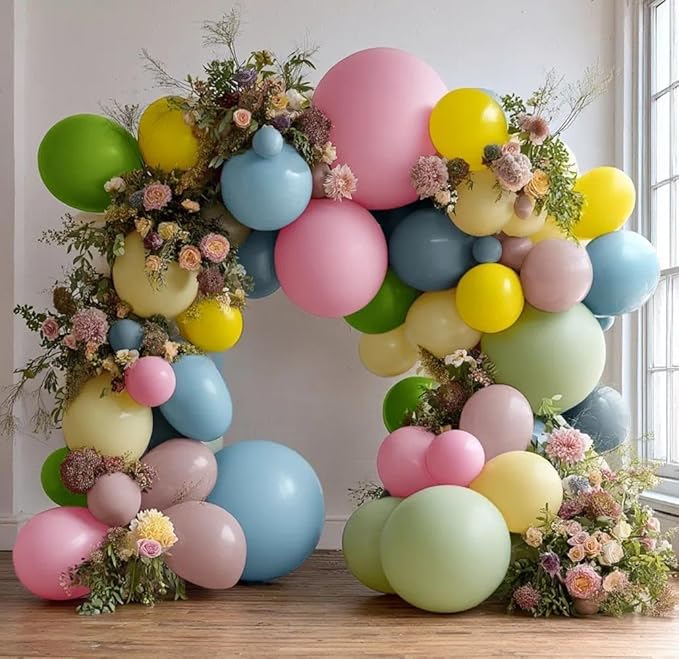 Colorful Balloon Arch Double Stuffed Latex Blue Yellow Green Pink Balloons Wildflower Balloon Garland for Spring Flower Birthday Baby Shower Easter Garden Candy Party Decoration