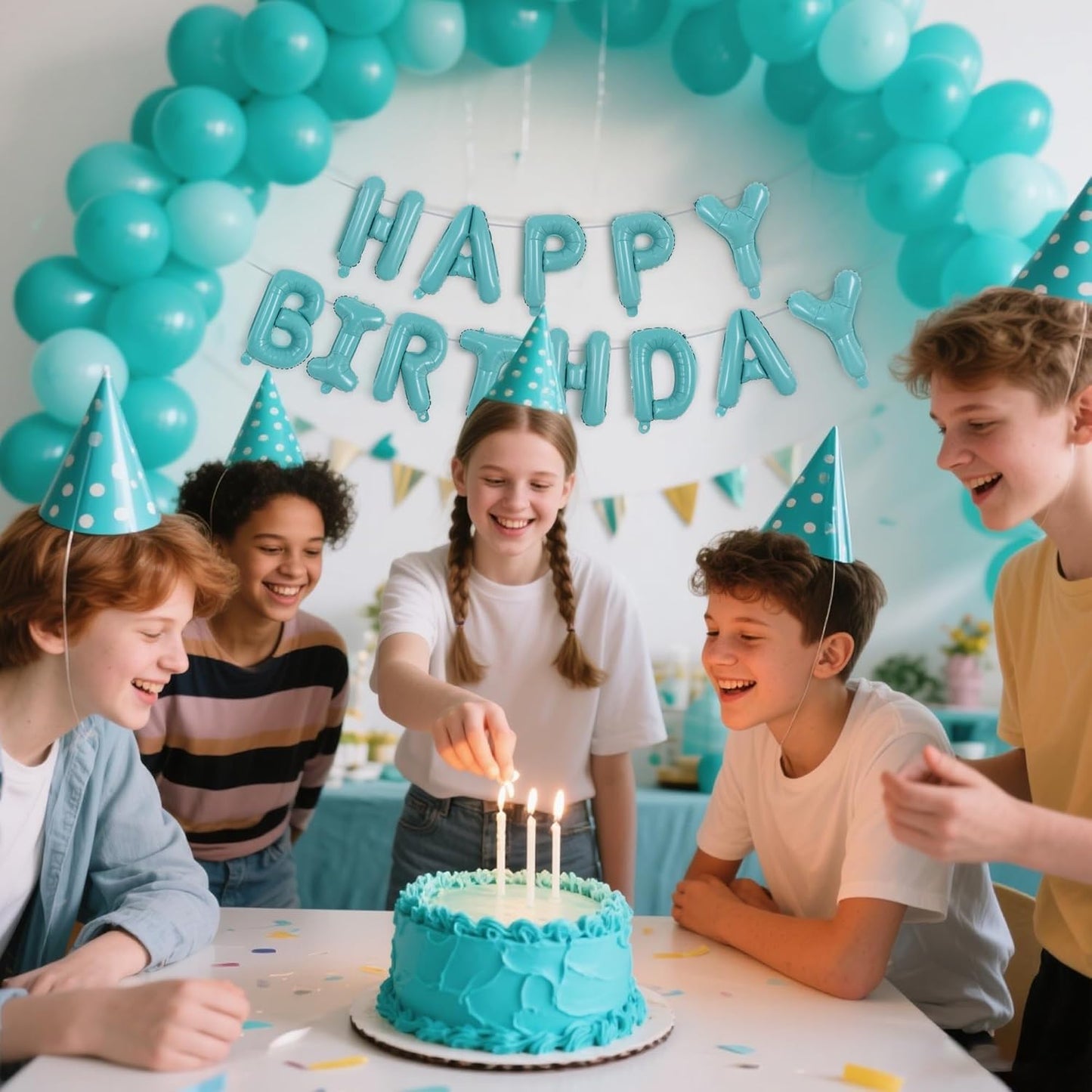 TONIFUL Teal Blue Happy Birthday Balloons 16 Inch Teal Blue Mylar Foil Letters Birthday Sign Banner Balloon for Girls Boys Kids & Adults Birthday Decorations and Party Supplies