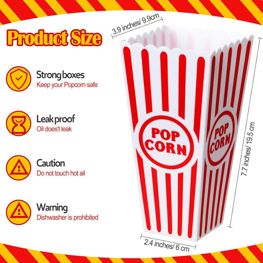 15 Pack Plastic Popcorn Boxes Red and White Striped Popcorn Buckets Bulk Reusable Open Top Containers for Movie Night, Classic Retro Style, 7.7 x 3.9 x 2.4 Inch