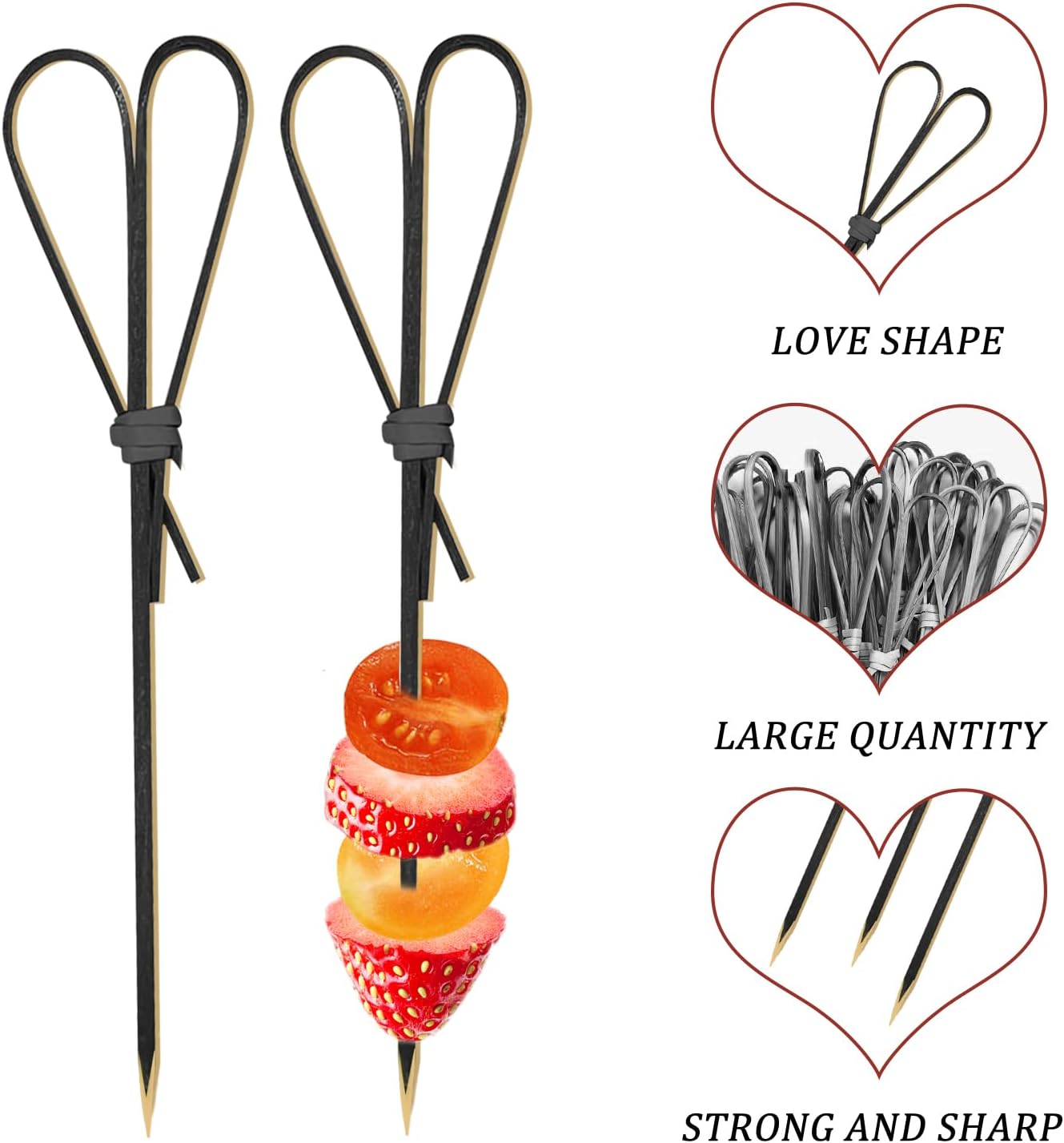 500 Pieces Black Heart Shaped Bamboo Sticks Long Toothpicks for Appetizers Cocktail Picks for Drinks 4.7 Inch Bamboo Skewers for Appetizers Charcuterie Boards Accessories