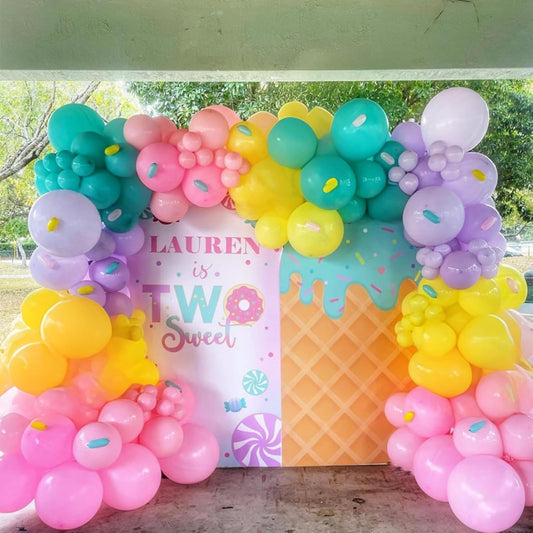 Rainbow Colorful Balloons Arch for Candy Sweet One Two Donut Grow Up Ice Cream Birthday Party Decorations Pastel Purple Pink Blue Yellow Brown Confetti Latex Balloons Garland with Long Balloon