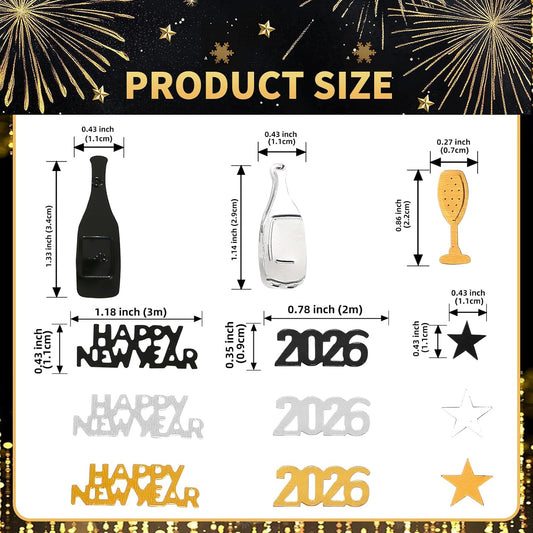 Happy New Year 2026 Confetti, Gold Black and Silver Star Wine Bottle Sprinkles Table Scatter Confetti for New Years Eve Decorations