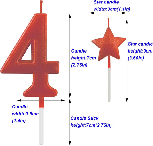 2.75in Tall Red Number 4 Birthday Candles, Glitter Happy Birthday Cake Cupcake Toppers Decoration for Adults/Kids Party Baking