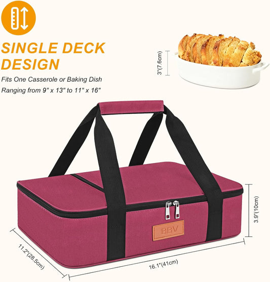 BBV Insulated Casserole Carrier for Hot or Cold Food, Food Warmer Bag Fits 9"x13" Baking Dish, Durable Nylon Leak Proof Food Containers for Travel, Potluck, Parties, Picnic, Cookouts (Burgundy)