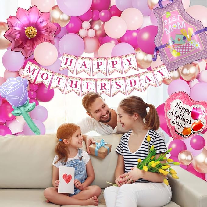 112PCS Mother's Day Balloons Arch Garland Kit Mothers Day Decorations Foil Mothers Day Balloon Flower Best Mom Balloon Latex Hot Pink Rose Gold Pink Balloons Happy Mother's Day Banner Birthday Decor