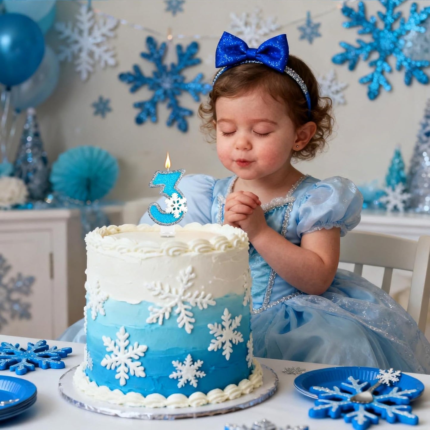 Frozen Themed Birthday Candles Party Decorations, Blue and Silver Number 3 Birthday Candle, Happy Birthday Candle for Cake, Snowflake Cake Topper Decoration for 3rd 3 Year Old Party Favor Supplies