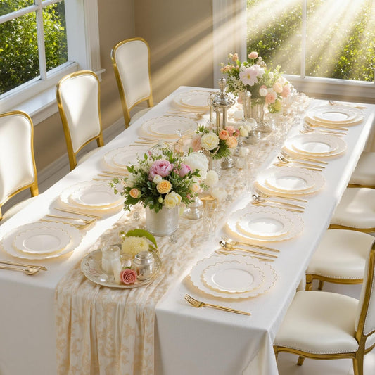 supernal 100pcs Ivory Plastic Plates,Gold Scalloped Disposable Plates,Heavy Duty Plastic Plate Including 50pcs Ivory Dinner & Dessert Plate,Fancy Disposable Platos Perfect for Party,Wedding,Birthday