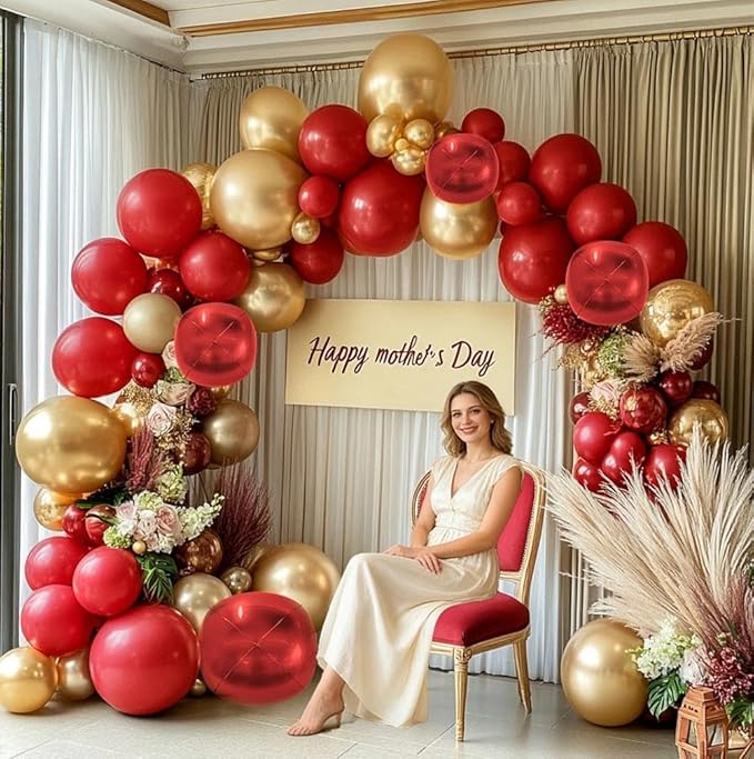Red and Gold Balloon Garland Double Stuffed Ruby Red Gold Balloons Arch Kit With Mylar Balloon for Valentine New Year Baby Shower Anniversary Birthday Party Decoration