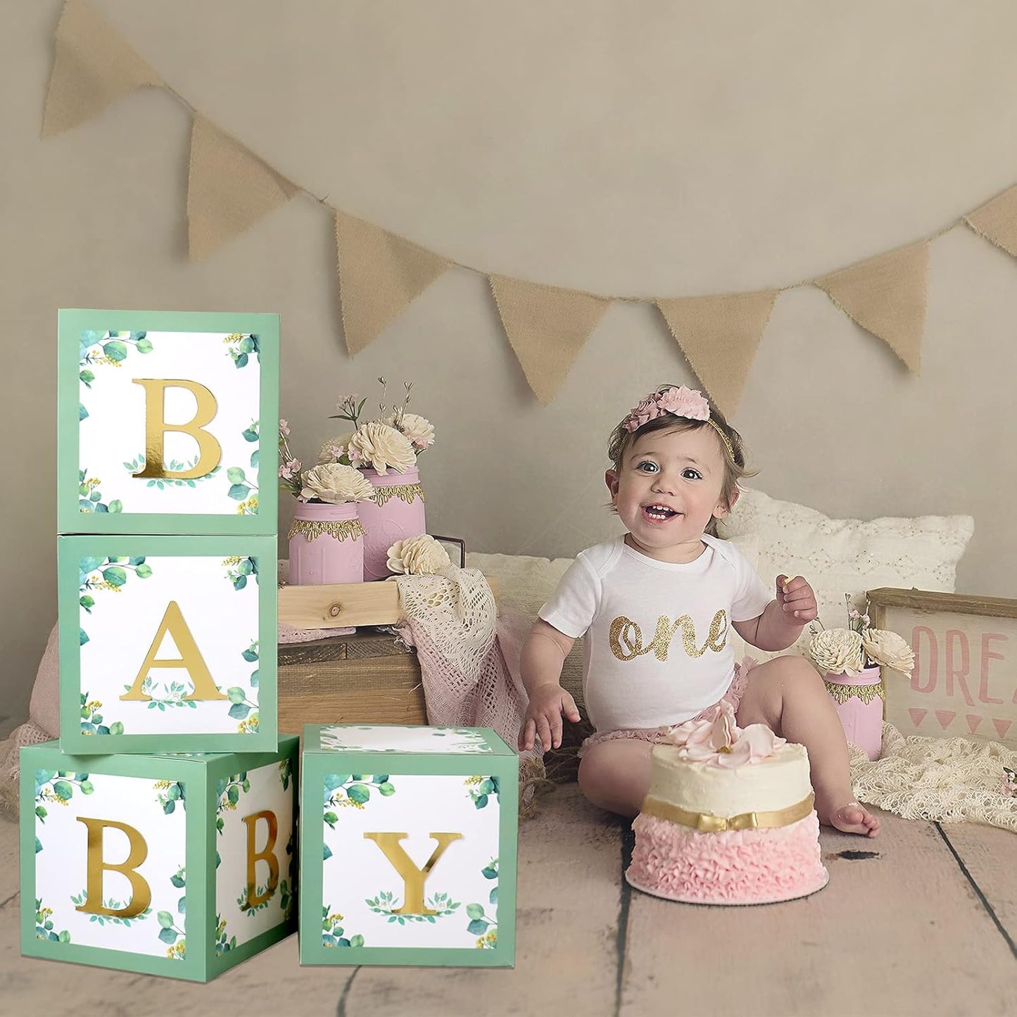 Sage Green Baby Boxes with Letters for Baby Shower - 4 Pcs BABY Balloon Party Boxes Blocks for Boy Girl Birthday Party Favors,Gender Reveal ,Safari Baby Shower Decorations