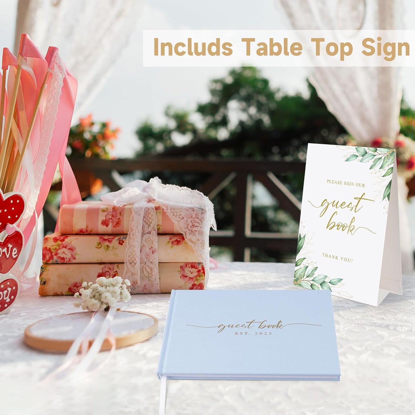 Wedding Guest Book with Personalized 2025 Year - Linen Photo Guest Book for Wedding Reception Bridal Shower Guests to Sign - 100 Pages Blank and Lined Acid Free Paper (Baby Blue)