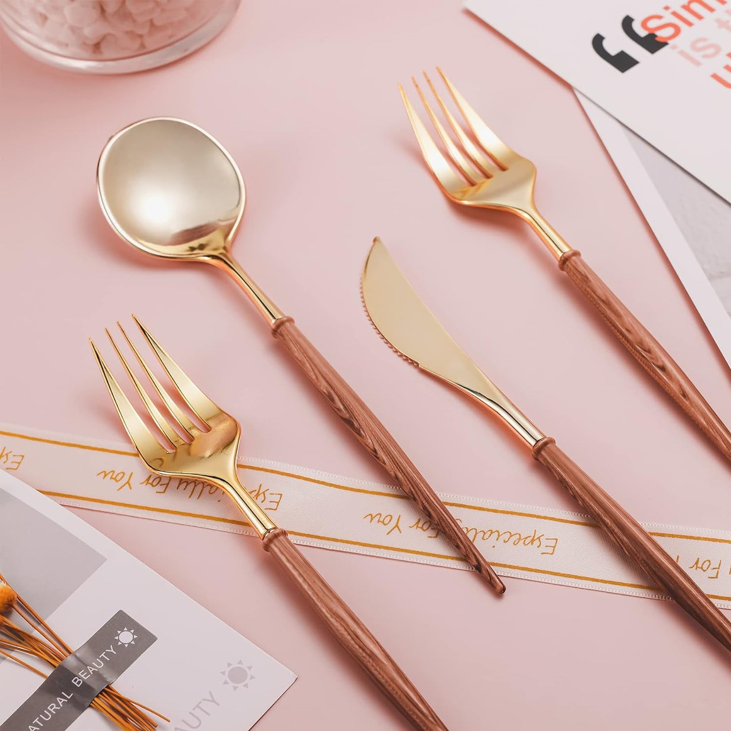 Lullaby 240PCS Gold Plastic Silverware, Gold Disposable Cutlery with Wood Grain Handle Include 80 Forks, 80 Spoons, 80 Knives, Elegant Disposable Silverware for Wedding, Party, Gathering, Daily Use