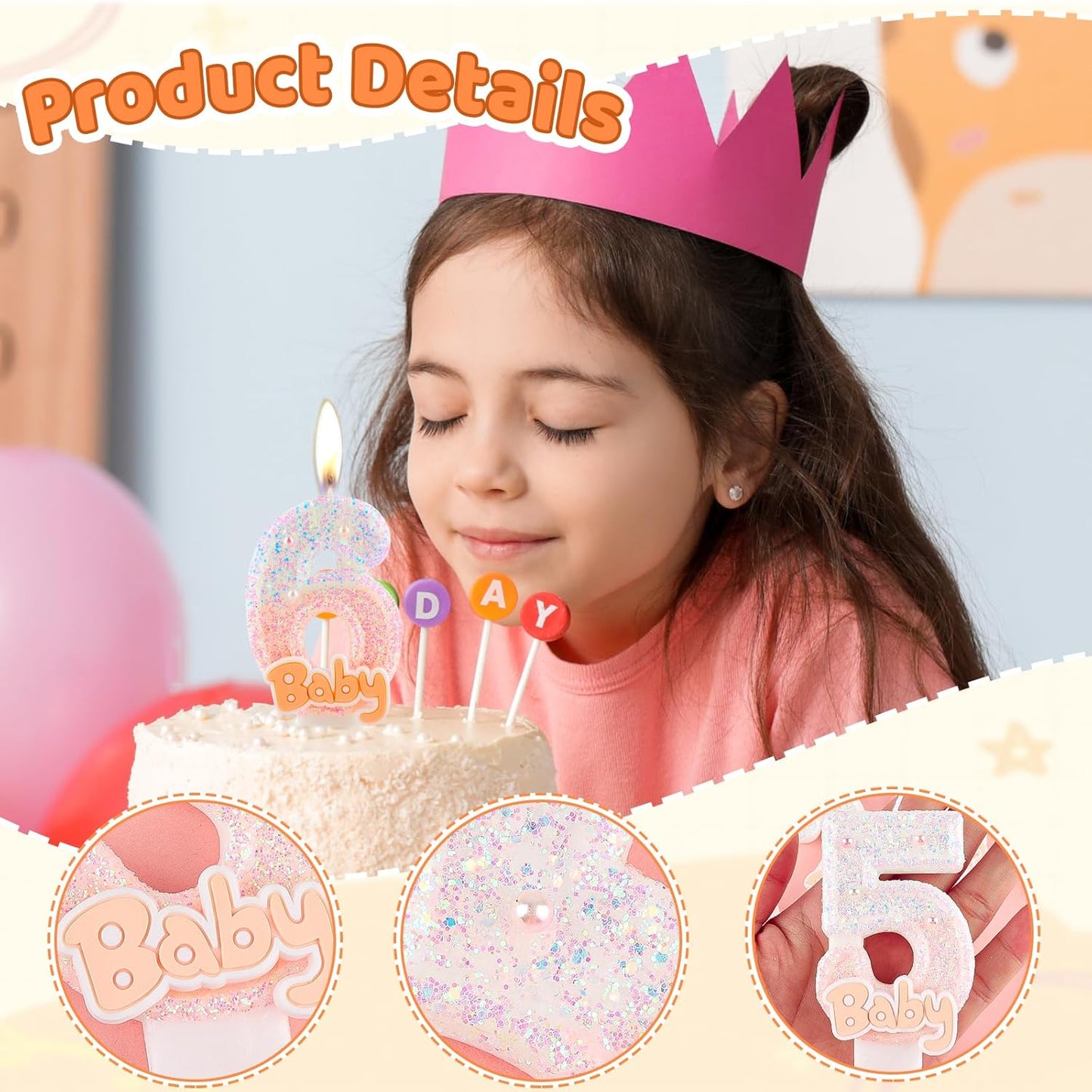 Pink Baby Birthday Number Candles, Birthday Candles for Cake, Glitter Number 6 Cake Topper with Sequins for Girls, Baby Baptism Party Cake Decorations