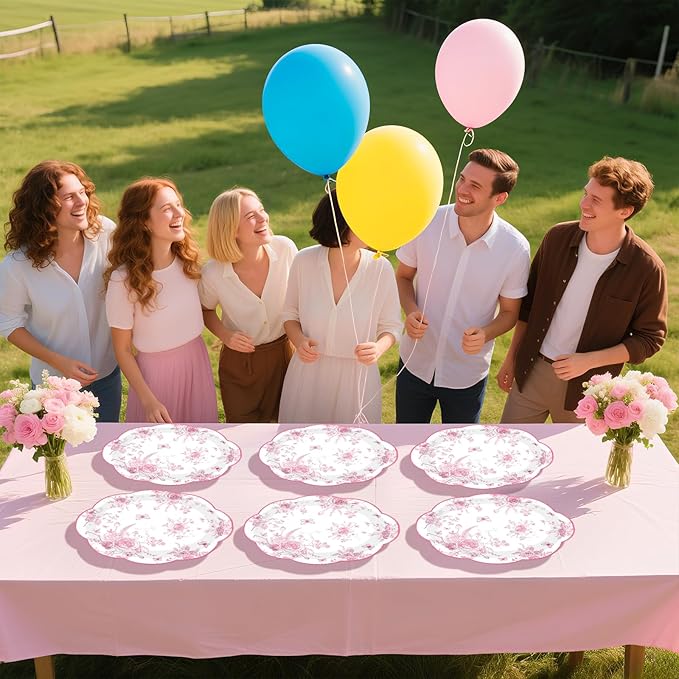 50Pcs Pink Floral Oval Paper Plates 10" x 12" Large Pink and White Floral Scalloped Plates Disposable Heavy Duty Vintage Flower Dessert Platters for Wedding Bridal Shower Decoration Tea Party Supplies