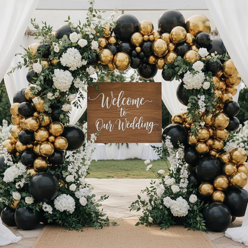 Balloon Garland Arch Kit – 146 Pcs Black, Metallic Gold & Confetti Balloons for Baby Shower, Birthday, Gender Reveal, Wedding Party – DIY Kit by Vellax™