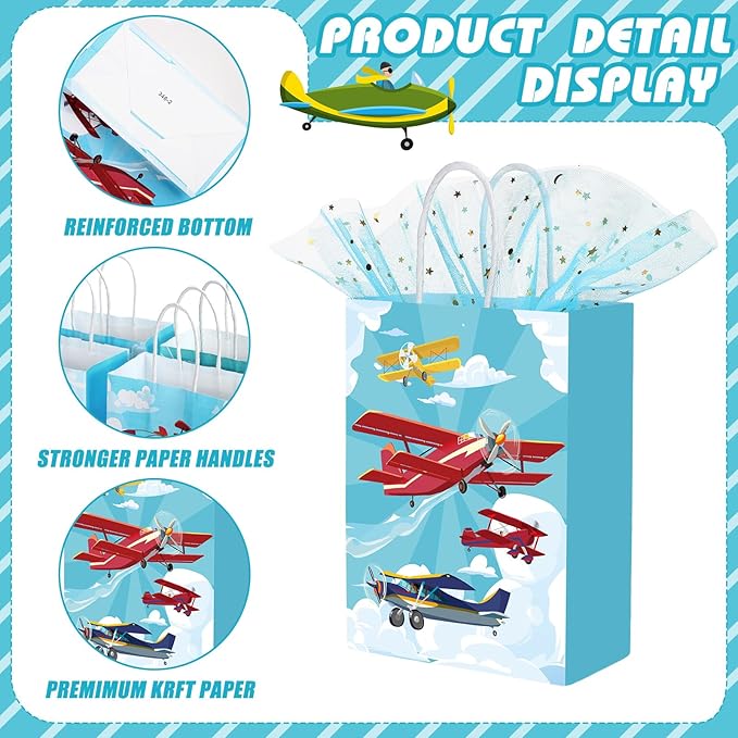 Outus 24 Pcs Airplane Party Favor Bags Paper Airplane Goodie Bags Plain Gift Pouch Blue Aircraft Candy Treat Pouch with Handles for Birthday Party Decorations Supplies