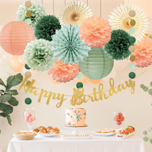Sage Green and Peach Birthday Decorations - Olive Peach Tissue Paper Pom Poms, Hanging Paper Fans & Lantern, Gold Happy Birthday Banner for Olive Sage Green Peach Bday Baby Shower Decorations