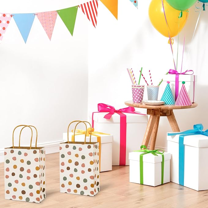 JarThenaAMCS 16Pcs Boho Party Favor Bags Neutral Paper Gift Bags with Handles Hand Drawn Dot Candy Goodie Treat Bags for Wedding Birthday Baby Shower Party Supplies