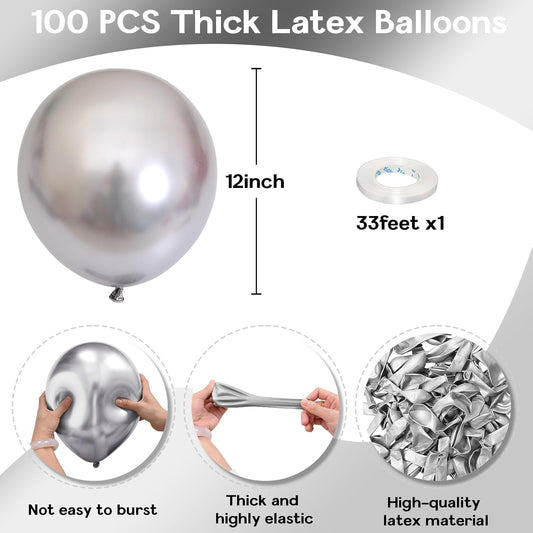 Metallic Balloons - 12 Inch, 100 Pack, Chrome Silver, Shiny Silver Latex Balloons for Birthday, Graduation, Anniversary, Wedding, Party Decorations