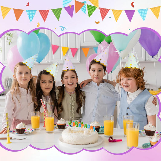 24 Pcs Pastel Party Hats Paper Cone Birthday Hats with Hot Stamping Pentagram and Ribbon Mini Party Headwear for Birthday, Baby Shower, Bridal Shower Decorations