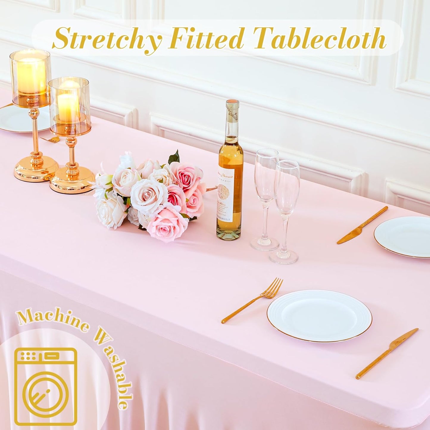 4 Pack Spandex Pink Fitted Table Cloth for 8ft Rectangle Tables Pink Stretch Tablecloth Table Covers Banquet Table Clothes Wrinkle Free Table Skirt for Parties Wedding