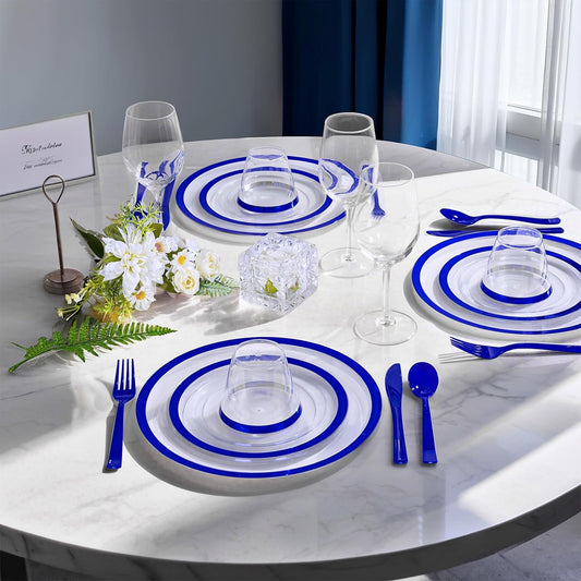 I00000 210 Pcs Dark Blue Plastic Plates, Clear Disposable Plates for 30 Guests, Blue Dinnerware Include 30 Dinner Plates 30 Dessert Plates, 30 Cups, 30 Pre Rolled Napkins with Cutlery Set for Party