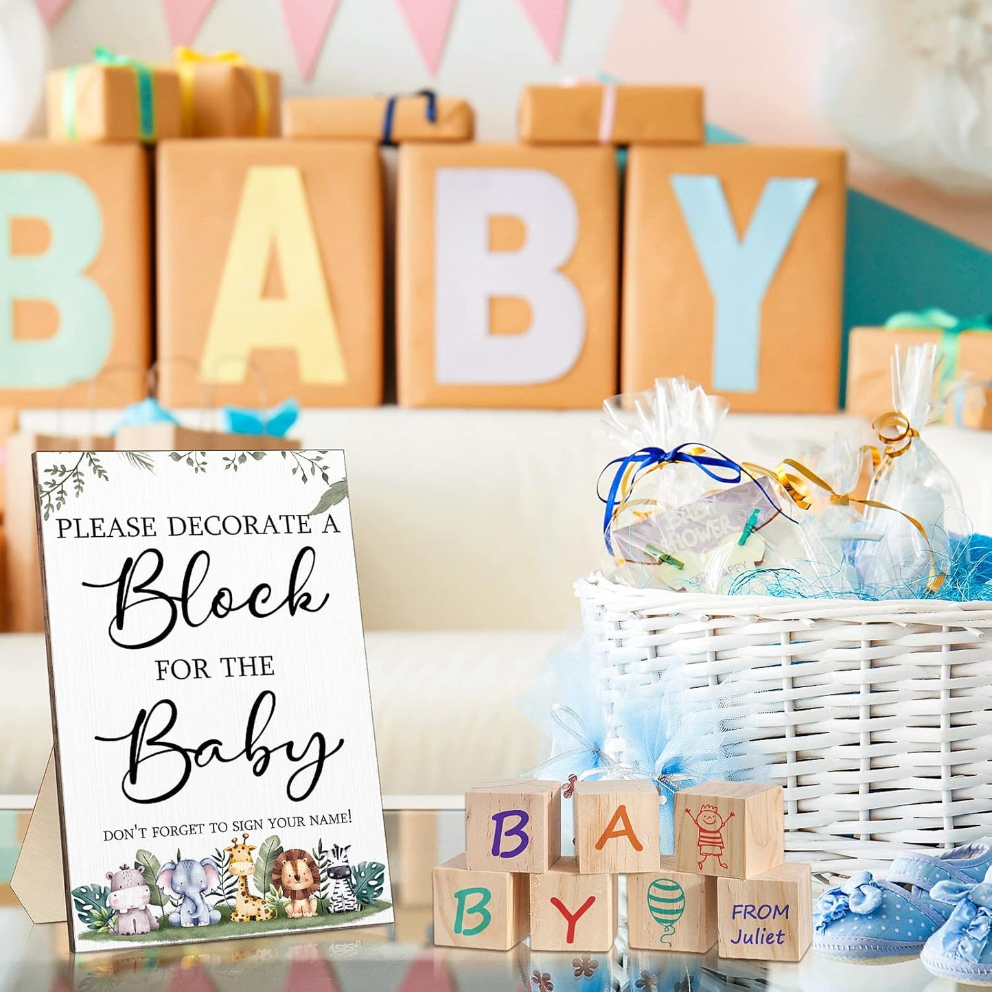 Tatuo 75 Pcs Baby Shower Games Sign Kit Including Decorate a Block Game Sign 50 DIY Wooden Block 24 Acrylic Paint Marker Baby Shower Prize for Gender Reveal Party(Safari)