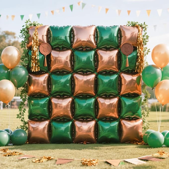NISOCY 25PCS Dark Green and Brown Square Foll Baloons Wall Backdrop Double Sided Dark Green and Brown Balloons Arch Kit for Anniversary Birthday Thanksgiving Christmas Jungle Party Decorations