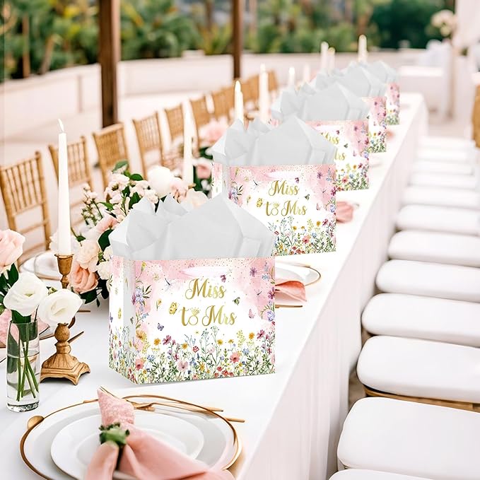 Bridal Shower Gift Bag Wedding Miss to Mrs Gifts Bag with Tissue and Card Bridal Shower Gift Wrapping Paper Bag Floral Wedding Gift Bags Bride Engagement Bachelorette Party Bag Bride to Be Gifts