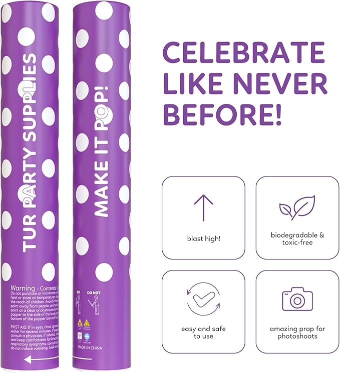 Purple Powder Cannons Smoke Bombs Biodegradable Poppers | 2 Pack | Launch up to 25 ft | 12 inch | Decorations For Photoshoots, Gender Reveal, Celebrations, Festivals, and Parties | TUR Party Supplies
