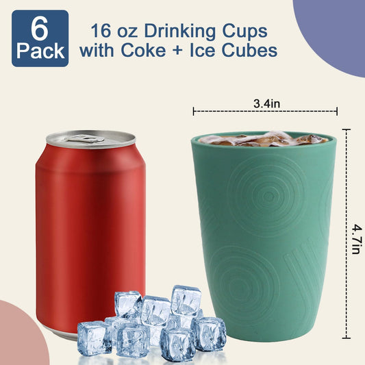 Drinking Cups Set Wheat Straw Cups 16 OZ - Reusable Water Cups Plastic Drinking Glasses 6 PCS Dishwasher Safe Cup Unbreakable Kitchen Cup for Camping, Outdoor Activities -Green