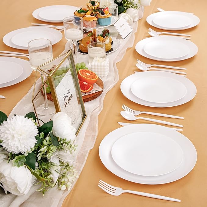 EI 150pcs White Plastic Plates Disposable,White Plate for Party,Disposable Frosted Plate with White Plastic Silverware,Heavy Duty Dinnerware set serves for 30,Perfect for Birthday Wedding Tea Party.